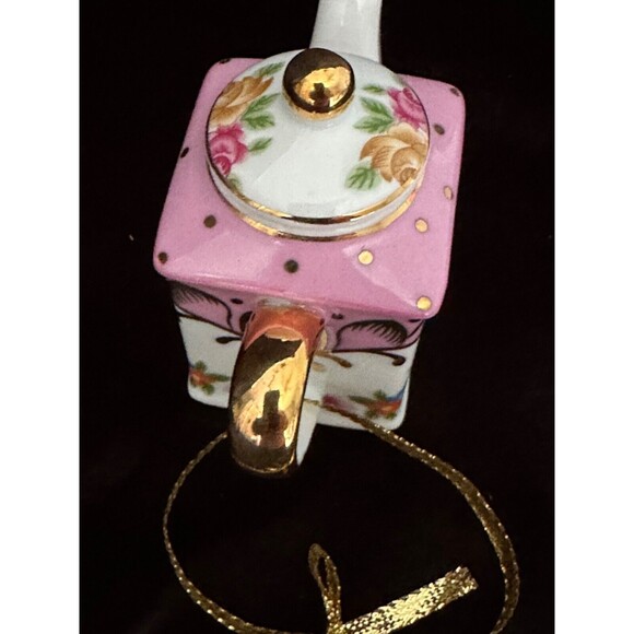 Victoria’s Garden porcelain mini teapot handpainted ornament, gold accents 3” T - Picture 6 of 6